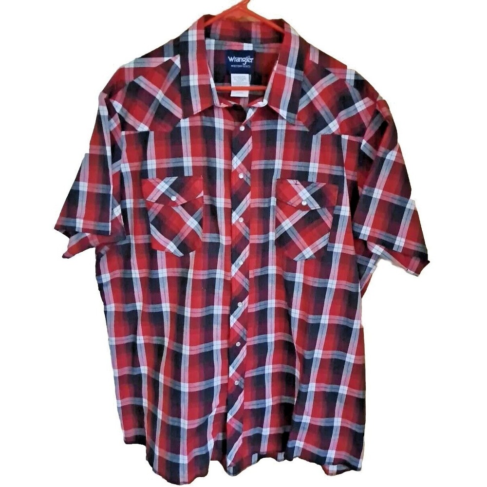 Wrangler Western Shirt Mens 2XT Short Sleeve Pearl Snap Lightweight Red Plaid